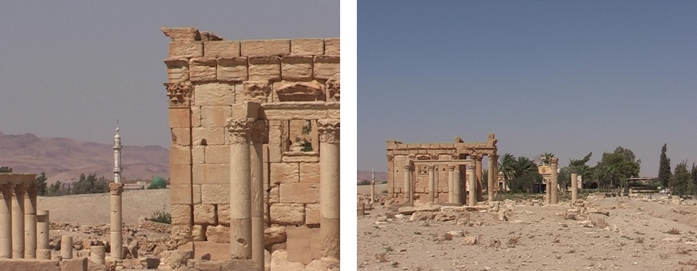 Baal-Schamin Tempel in Palmyra mit dem Minaret im Hintergrund